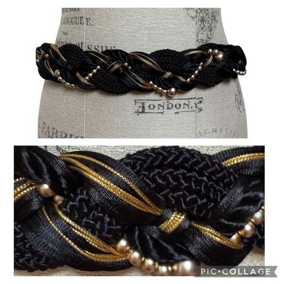 Vintage 80s Motion East Ornate Braided Macrame Belt Black Gold Sz M/L - Picture 1 of 16